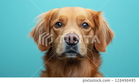 Golden retriever with expressive gaze against solid blue background showcasing its friendly demeanor and warm eyes in a striking portrait setting 128498495