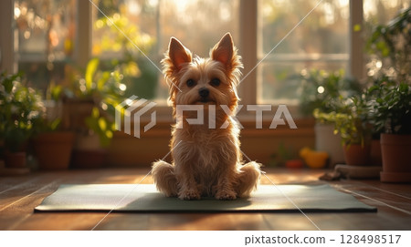 Real dog practicing yoga in a bright studio while performing the warrior 2 pose on a yoga mat, captured from the side view with a Sony A7iii camera 128498517