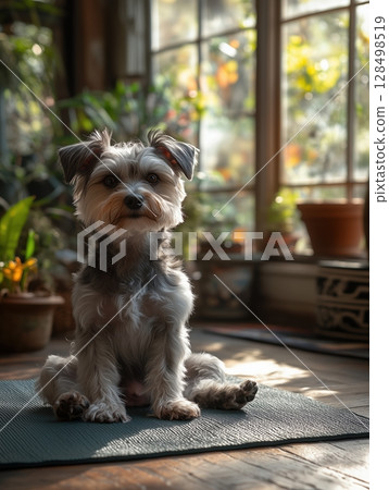 Dog practicing yoga in bright studio, showcasing warrior 2 pose with vibrant plants in the background 128498519