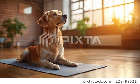 Yoga dog practices warrior 2 pose in bright studio filled with natural light Yoga dog practices warrior 2 pose in bright studio filled with natural light 128498521