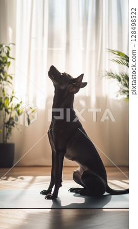 Dog practicing warrior 2 yoga pose in bright studio with natural light and plants around Dog practicing warrior 2 yoga pose in bright studio with natural light and plants around 128498522