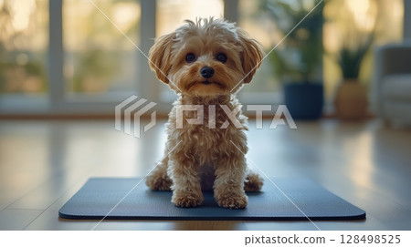Dog practicing warrior 2 yoga pose in a bright, sunny studio featuring wooden floors and plants 128498525