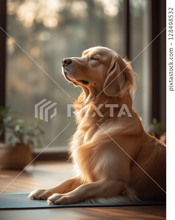 Dog practices yoga in bright studio, exhibiting warrior 2 pose while enjoying a serene environment 128498532