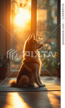 Bright studio yoga session featuring a dog practicing warrior 2 pose during sunset 128498534