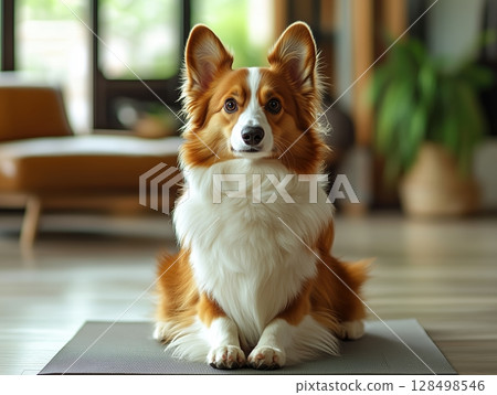 Dog practicing yoga in a bright studio using warrior 2 pose, viewed from the side 128498546