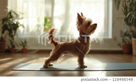 Dog practices yoga in a bright studio performing the warrior 2 pose on a yoga mat during a peaceful morning session Dog practices yoga in a bright studio performing the warrior 2 pose on a yoga mat during a peaceful morning session 128498549
