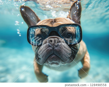 French bulldog with diving goggles swimming under clear water in a vibrant pool, showcasing a joyful demeanor and detail-rich fur texture 128498558