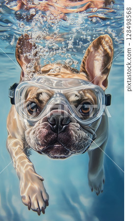 French bulldog enjoys swimming underwater, showcasing vibrant colors and a joyful expression in a clear pool 128498568