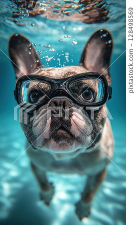 Happy French bulldog swimming underwater in goggles, showcasing vibrant colors and playful expression in a clear pool 128498569
