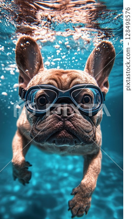 French bulldog enjoys swimming underwater in a pool wearing diving goggles surrounded by clear water and bright colors 128498576
