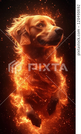 Majestic golden dog jumping powerfully with glowing light particles on a striking red background in vivid concept art 128498692