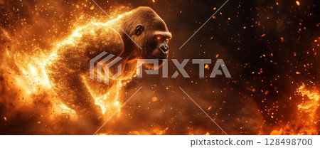 Majestic golden gorilla leaps powerfully amidst a dazzling display of light particles and glittering dust on a vibrant red background 128498700