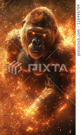 Majestic golden gorilla glowing with light particles, jumping powerfully against a shiny red background in a dynamic side view display 128498704