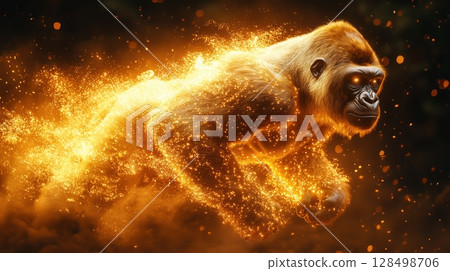 Majestic golden gorilla jumping in powerful motion against a shiny red background with glowing particles and glittering dust 128498706