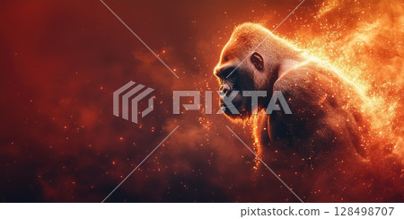 Majestic golden gorilla leaps powerfully against a shiny red backdrop swirling with light particles and glittering dust 128498707