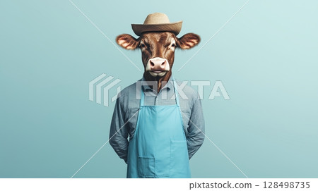 Humanized cow in a blue apron and farmer hat spreading joy against an azure background Humanized cow in a blue apron and farmer hat spreading joy against an azure background 128498735