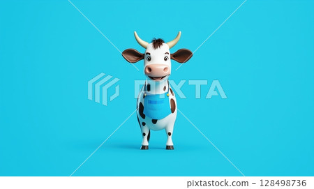 Humanized cow stands confidently in azure background wearing kitchen apron and farmer hat, exuding cheerful and vibrant vibes Humanized cow stands confidently in azure background wearing kitchen apron and farmer hat, exuding cheerful and vibrant vibes 128498736