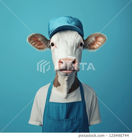 Humanized cow with a bright smile wears a blue apron and farmer hat against an azure background, radiating positive vibes and self-assurance 128498744