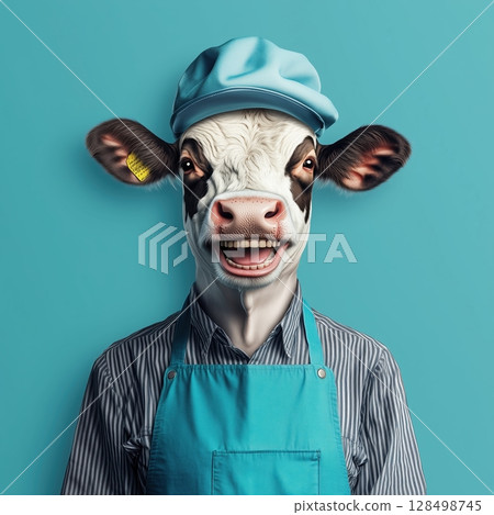 Humanized cow wearing blue apron and farmer hat smiles warmly against an azure background creating a vibrant and cheerful atmosphere 128498745