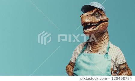 Joyful dinosaur chef brings positivity with bright smile and farmer hat against azure background, radiating warmth and confidence in the kitchen 128498754