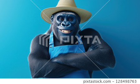 Humanized gorilla in a blue apron and farmer hat stands confidently against an azure background, radiating warmth and positivity 128498763