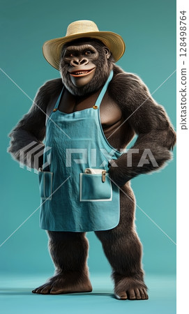 Humanized gorilla in blue kitchen apron and farmer hat radiates positivity against an azure background Humanized gorilla in blue kitchen apron and farmer hat radiates positivity against an azure background 128498764