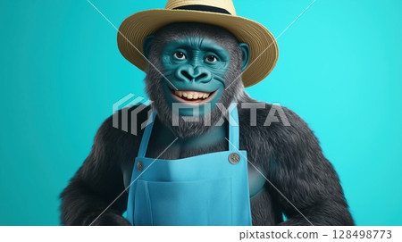 Humanized gorilla in azure background wearing blue apron and farmer hat radiating warmth and positivity 128498773