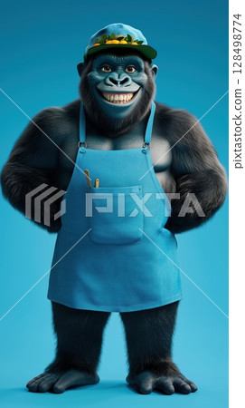 Humanized gorilla smiling warmly in a blue kitchen apron and farmer hat against an azure background radiating positivity and confidence 128498774