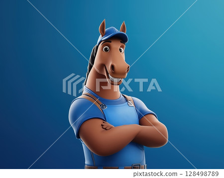 Humanized horse standing proudly in a bright azure setting, wearing a blue apron and farmer hat with a warm smile exuding good vibes and confidence 128498789