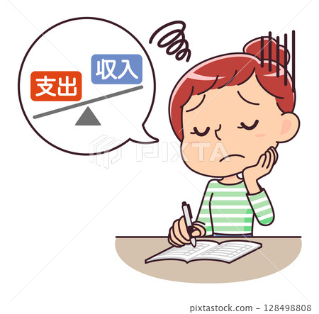 Illustration of a woman worrying about a deficit while keeping a household account book Illustration of a woman worrying about a deficit while keeping a household account book 128498808
