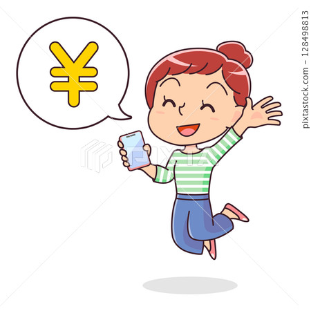 一位幸福的女人在智慧型手機上查看存款的插圖 一位幸福的女人在智慧型手機上查看存款的插圖 128498813
