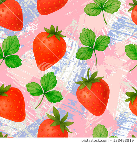 Seamless vector pattern with strawberries and leaves on a pastel grunge background. Great for textiles, packaging Seamless vector pattern with strawberries and leaves on a pastel grunge background. Great for textiles, packaging 128498819
