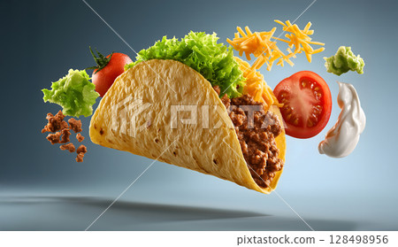 Delicious taco with tortilla, meat, lettuce, cheese, tomato, and sour cream floating in mid air, creating appetizing visual delight 128498956