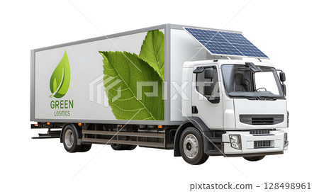 Green logistics delivery truck featuring green leaf logo and solar panels, symbolizing eco friendly transportation solutions Green logistics delivery truck featuring green leaf logo and solar panels, symbolizing eco friendly transportation solutions 128498961
