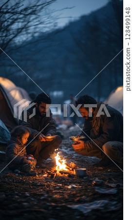 Family of refugees shares a warm meal around a small fire at dusk in a temporary camp 128499148