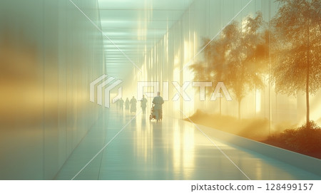 Softly illuminated hospital corridor with silhouettes of medical staff and patient 128499157
