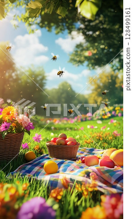 Vibrant summer garden with colorful flowers and a picnic spread under bright sunlight 128499161