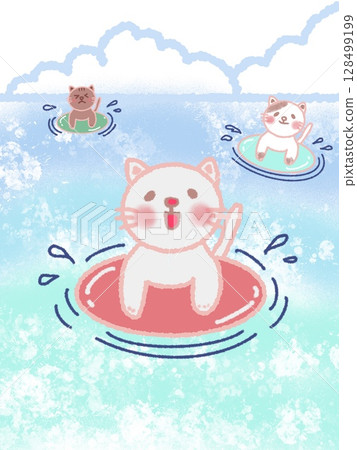 兩隻友善的貓咪在沙灘上享受暑假,漂浮在游泳圈上 兩隻友善的貓咪在沙灘上享受暑假,漂浮在游泳圈上 128499199