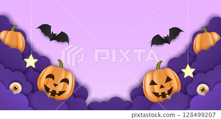 Halloween Sale. Cutout paper style banner with realistic pumpkins, eyes, lamps and bats. Special offer up to 50 percent off. 128499207