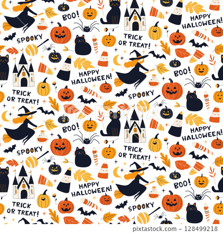 Halloween Seamless Pattern with Witches, Cats, Pumpkins and Candy White Background 128499218