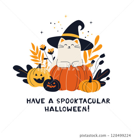 Cute Halloween Cat with Witch Hat and Pumpkins Cozy Fall Greeting Card. 128499224