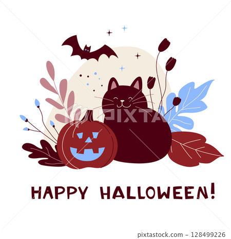 Cute Halloween Cat with Pumpkins Cozy Fall Greeting Card. Cute Halloween Cat with Pumpkins Cozy Fall Greeting Card. 128499226