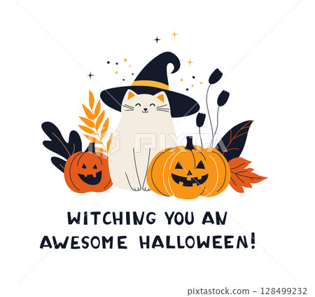 Cute Halloween Cat with Witch Hat and Pumpkins Cozy Fall Greeting Card 128499232