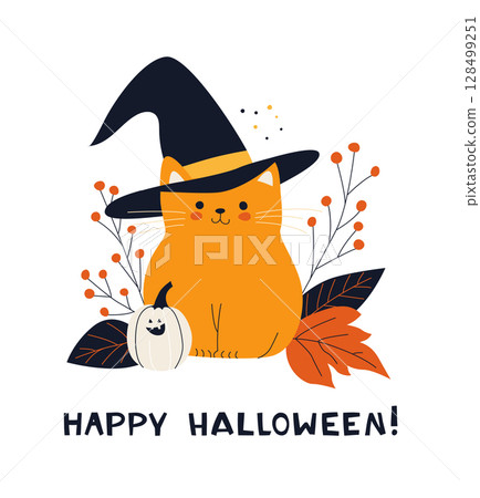 Cute Halloween Cat with Witch Hat and Pumpkins Cozy Fall Greeting Card. 128499251