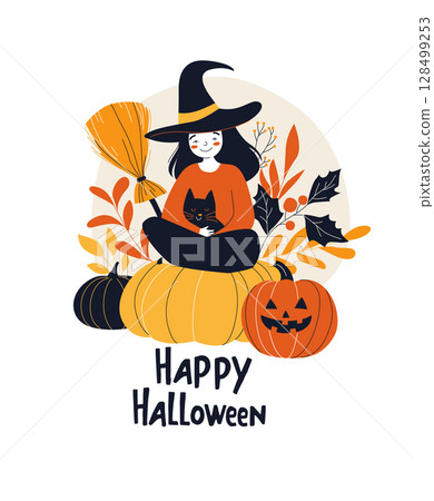 Cute Witch with Black Cat Sitting on Pumpkin Cozy Halloween Illustration 128499253