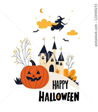 Haunted Halloween Castle with Pumpkins and Flying Witch. Spooky Vector Greeting Card. 128499255