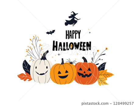 Happy Halloween with Pumpkins, Witch and Fall Leaves. Festive Autumn Greeting Card 128499257