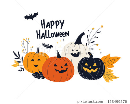 Happy Halloween with Pumpkins, Bats and Fall Leaves. Festive Autumn Greeting Card 128499276