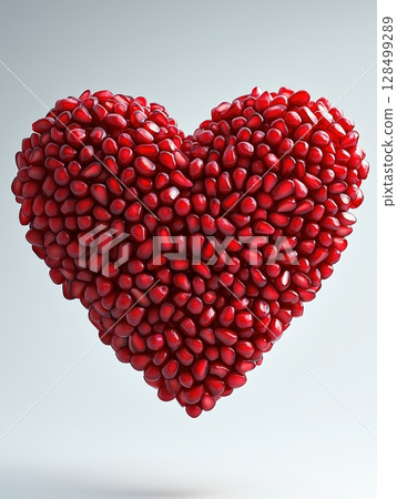 Heart shape created with pomegranate seeds suspended in the air against a white background 128499289