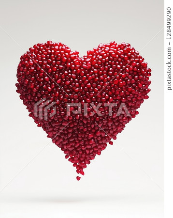 Unique 3D heart crafted from pomegranate seeds suspended in air against a white background 128499290